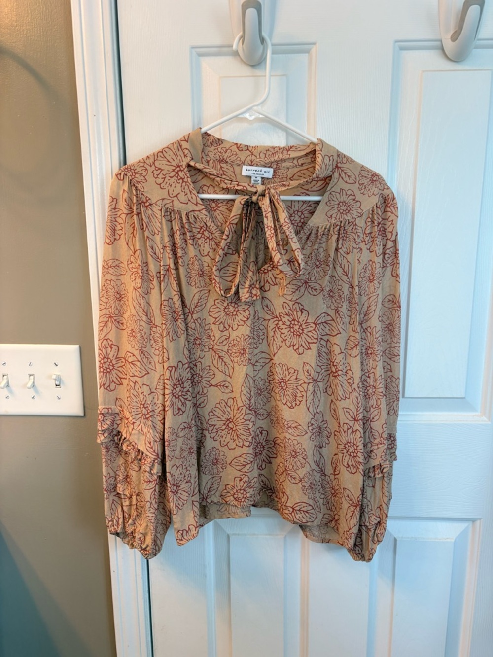 Current Air Floral Tie-Neck Blouse in Tan with Rust Print
